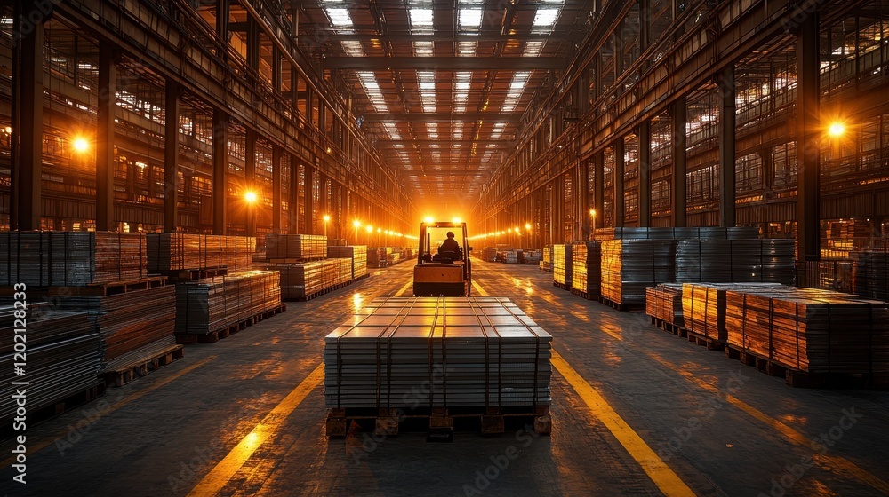 Warehouse of a metal goods company filled with raw materials and products. Warehouse of a metal goods company filled with raw materials and products.