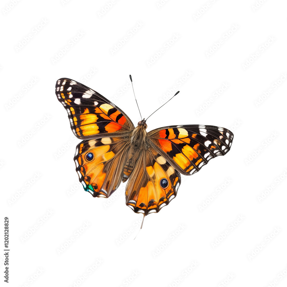 Naklejka premium Painted Lady Butterfly in Flight: A vibrant Painted Lady butterfly with its characteristic orange, black, and white wings, delicately poised in mid-flight.