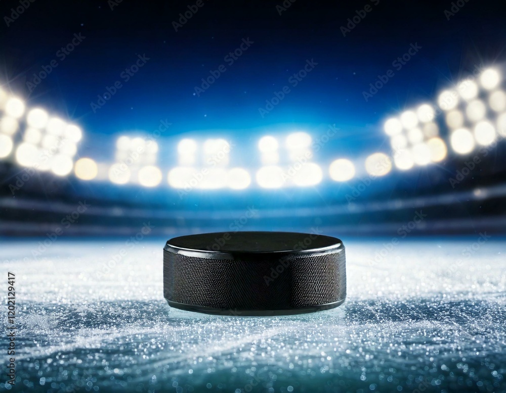 Eishockey-Puck auf glatter Eisfläche – Symbol für Sport und Präzision Eishockey-Puck auf glatter Eisfläche – Symbol für Sport und Präzision