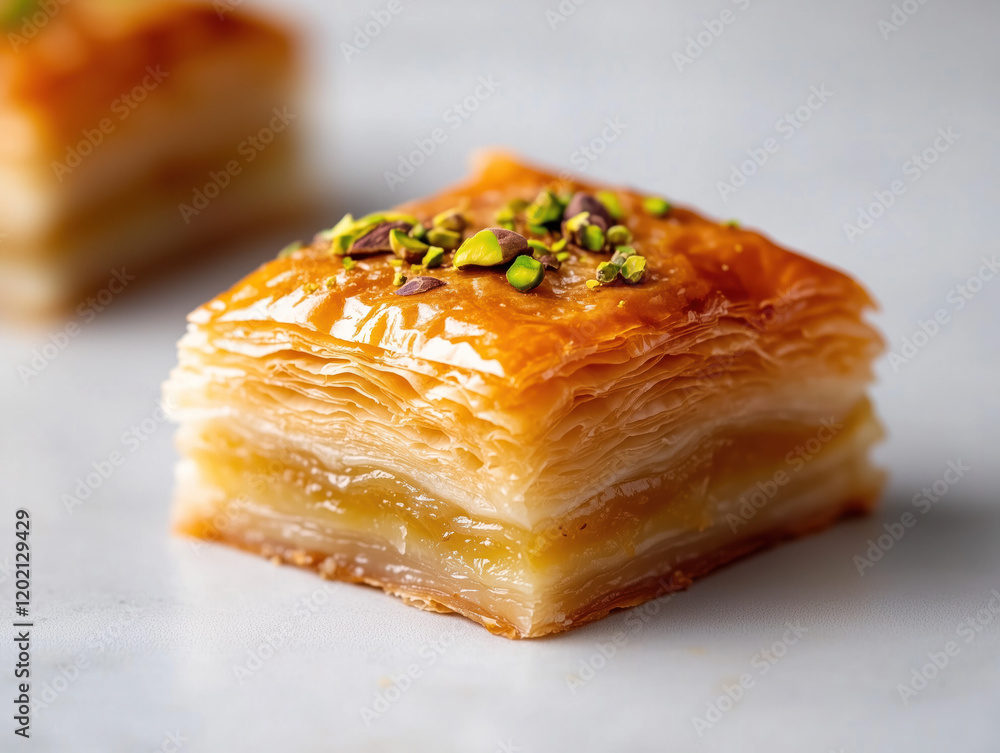 Delicious Pistachio Baklava Close-Up on Marble Surface Delicious Pistachio Baklava Close-Up on Marble Surface