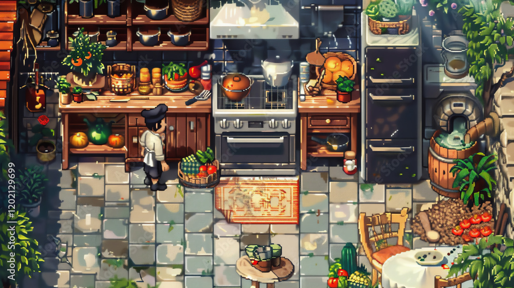 Craft a pixel art masterpiece featuring a top-down perspective of a chef conjuring enchanted recipes in a magical kitchen setting, blending realism with a touch of fantasy Craft a pixel art masterpiece featuring a top-down perspective of a chef conjuring enchanted recipes in a magical kitchen setting, blending realism with a touch of fantasy