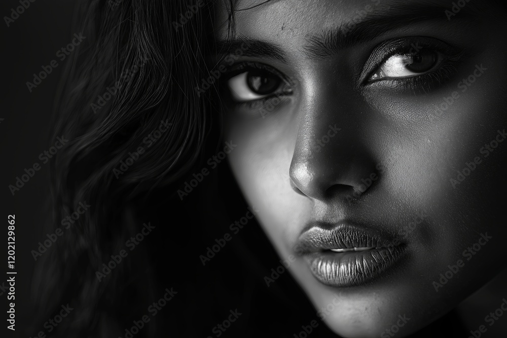 black and white portrait of a woman, emphasizing contrast and texture. black and white portrait of a woman, emphasizing contrast and texture.