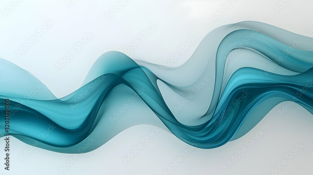 Fototapeta premium Softly flowing abstract waves in shades of blue and teal over a crisp white background, evoking simplicity and serene movement