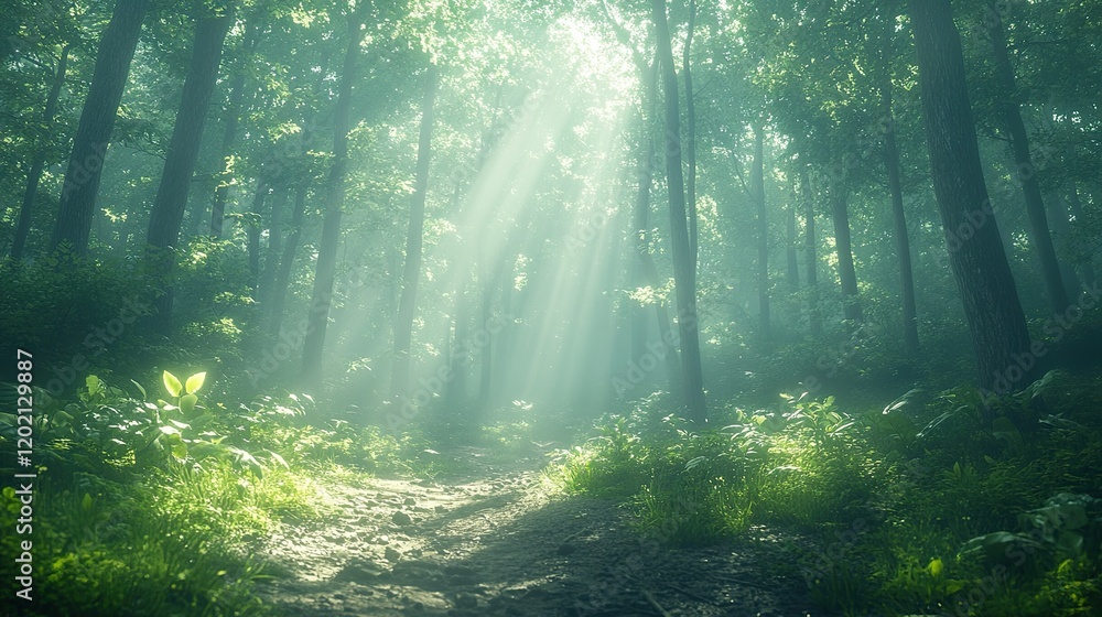 Obraz premium Sunbeams illuminate misty forest path