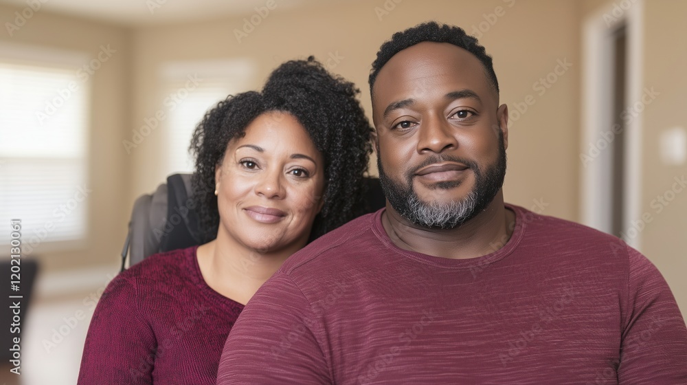 Fototapeta premium Happy Family in Accessible Housing, Living Room Portrait, Diversity and Inclusion, People in Home Environment, Interracial Couple Celebrating Life, Smiling Faces in Wheelchair-Friendly Space