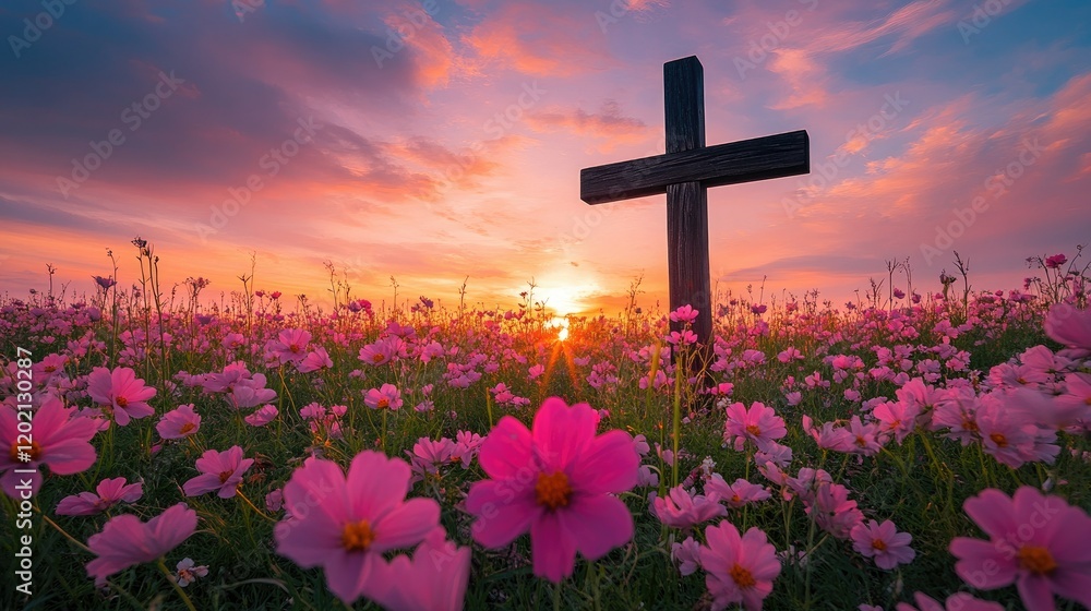 A wooden cross stands amidst a vibrant field of pink flowers, bathed in warm sunlight during sunset A wooden cross stands amidst a vibrant field of pink flowers, bathed in warm sunlight during sunset