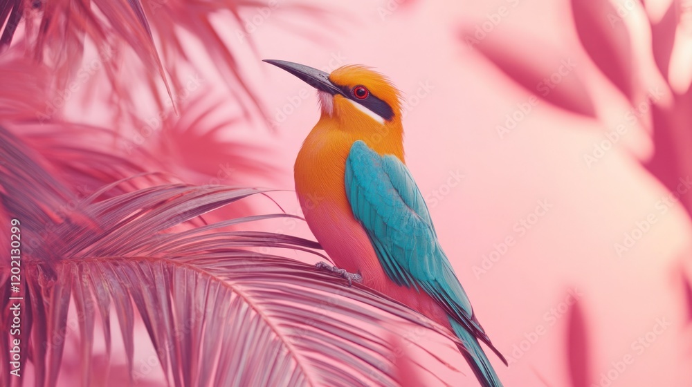 Obraz premium Vibrant bird perched on pink palm leaves.