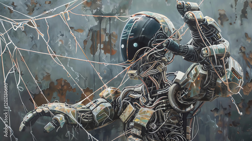 Craft a traditional oil painting showcasing a humanoid robot entangled in a web of Jungian archetypes, from an unexpected birds eye view perspective