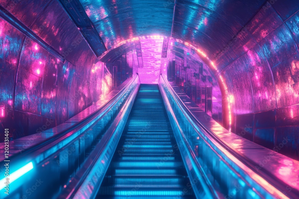 Neon Lit Escalator In A Futuristic Tunnel Neon Lit Escalator In A Futuristic Tunnel