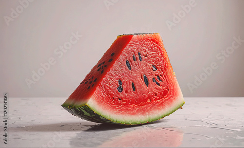 A slice of watermelon is cut in half and placed on a table. Concept of freshness and summertime, as watermelon is a popular fruit during the warmer months photo