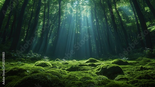 Sunbeams in mossy forest, peaceful nature scene