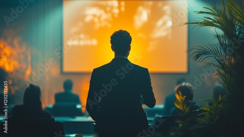 A silhouetted figure stands facing a screen presenting during a meeting or presentation