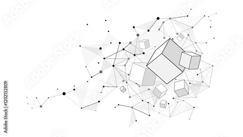 Abstract quantum global data network background, wireframe connected dots, floating 3D cubes and triangles for worldwide internet technology vector illustration concept, internet of things, AI