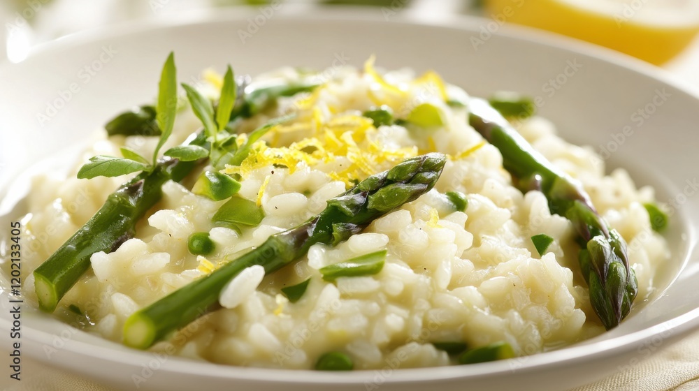 Image of risotto with asparagus and lemon zest in a white ceramic dish, emphasizing creamy texture and bright flavors. Ideal for gourmet dining and risotto recipes. Image of risotto with asparagus and lemon zest in a white ceramic dish, emphasizing creamy texture and bright flavors. Ideal for gourmet dining and risotto recipes.