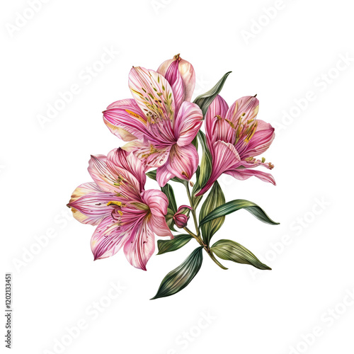 Pink Alstroemeria Bouquet: A delicate watercolor painting of three blush pink Alstroemeria flowers, their petals speckled with golden accents, arranged in a charming bouquet. photo