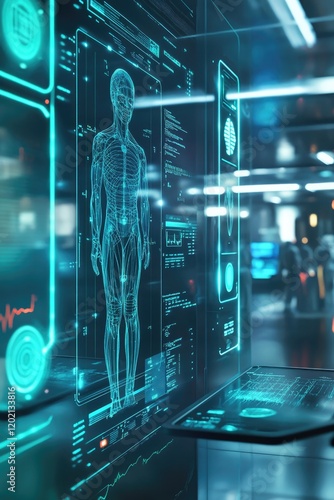 Futuristic display showcasing human anatomy with holographic tec