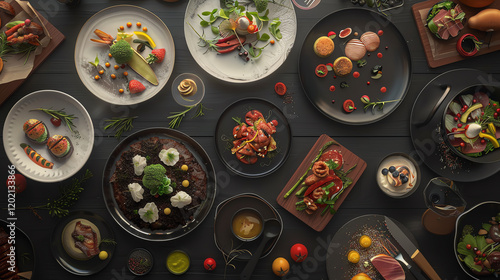 Experience the bustling world of culinary arts from a birds eye view, showcasing vibrant dishes and creative plating Emphasize unexpected camera angles to capture the essence of innovation and gastron photo