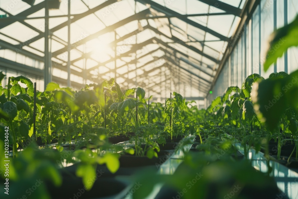 Obraz premium Lush green plants thrive in bright greenhouse, sunlight streamin