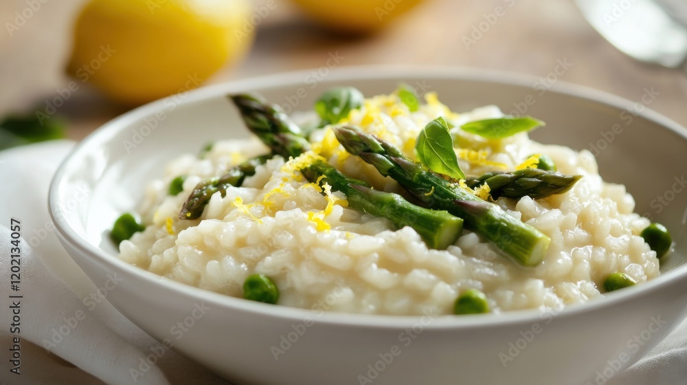 Image of risotto with asparagus and lemon zest in a white ceramic dish, emphasizing creamy texture and bright flavors. Ideal for gourmet dining and risotto recipes.
