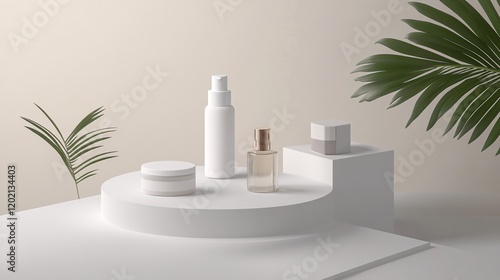 Wallpaper Mural Cosmetic products displayed on minimal white podium with tropical plants decoration Torontodigital.ca
