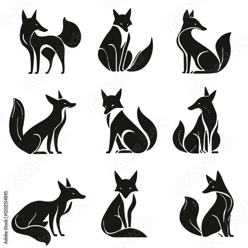 Elegant fox icons showcasing diverse poses in a sleek black design