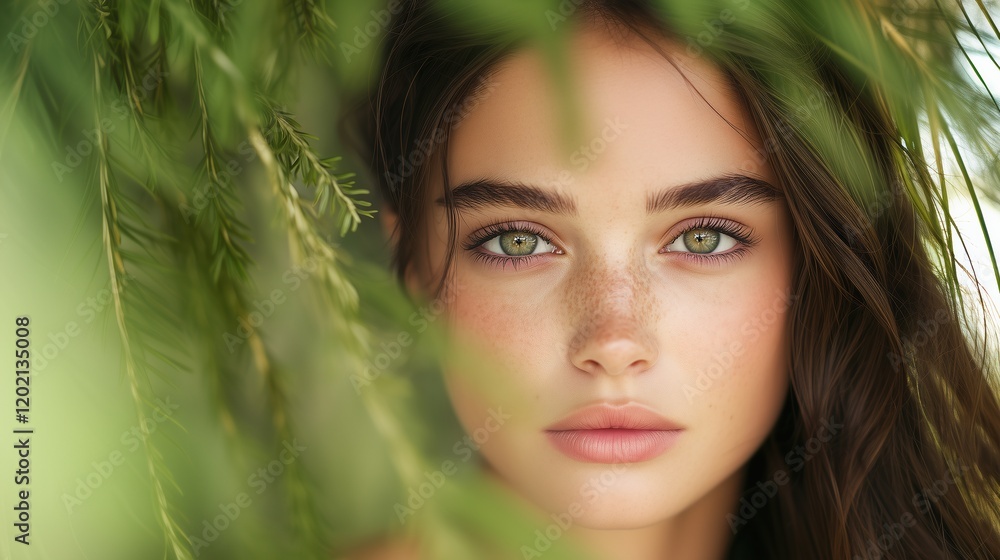 Naklejka premium Close-Up Portrait of Young Woman with Green Eyes and Freckles Amidst Lush Greenery, Highlighting Natural Beauty and Calmness in Nature Setting