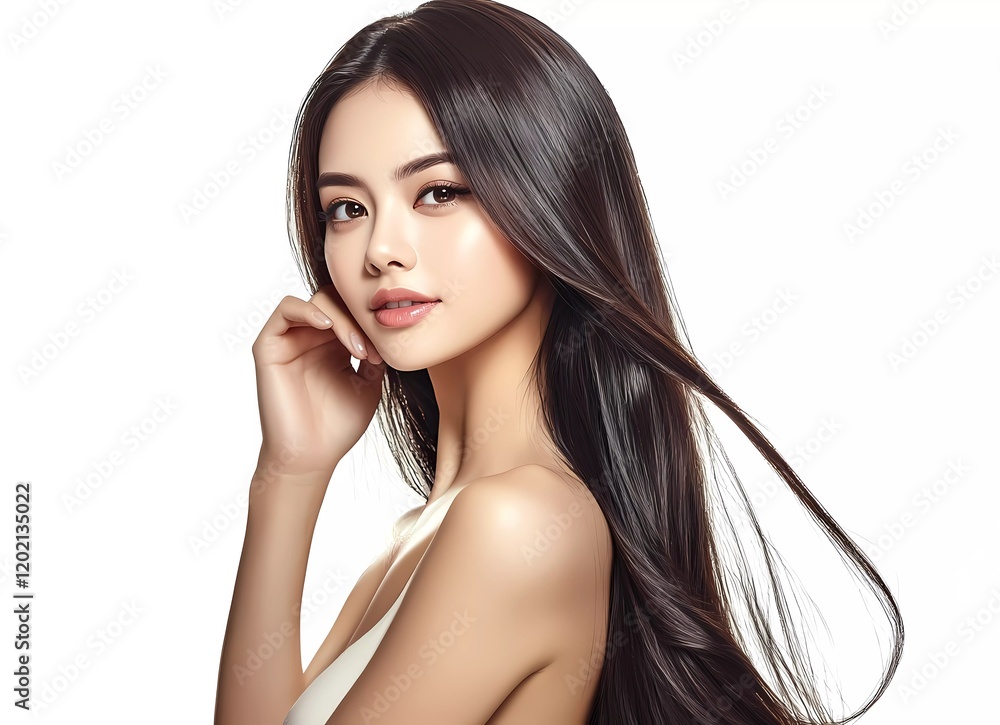 A beautiful Asian woman with long hair, posing on a white background for a body care advertisement. She is wearing a sleeveless top and has her hands resting at shoulder height A beautiful Asian woman with long hair, posing on a white background for a body care advertisement. She is wearing a sleeveless top and has her hands resting at shoulder height