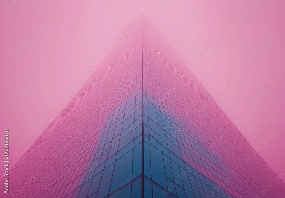 Abstract architectural photograph of a towering glass building shrouded in pink mist, creating a captivating and surreal visual effect that evokes feelings of mystery. Abstract architectural photograph of a towering glass building shrouded in pink mist, creating a captivating and surreal visual effect that evokes feelings of mystery.