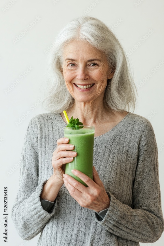Bright green smoothie held by smiling older woman in cozy sweate Bright green smoothie held by smiling older woman in cozy sweate