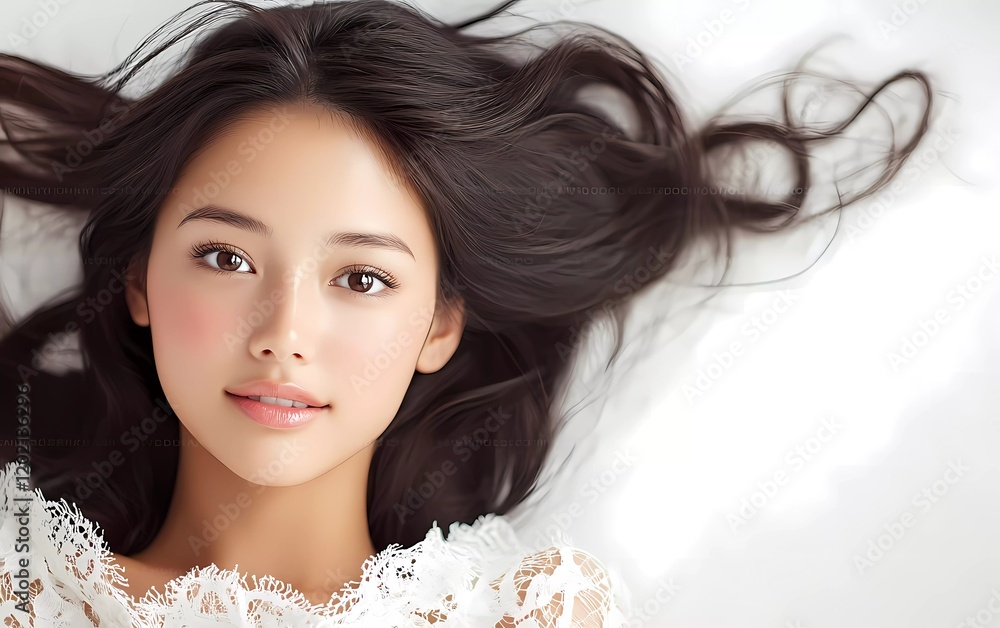 Beautiful Asian woman with flawless skin, lying on a white background. Close-up portrait Beautiful Asian woman with flawless skin, lying on a white background. Close-up portrait