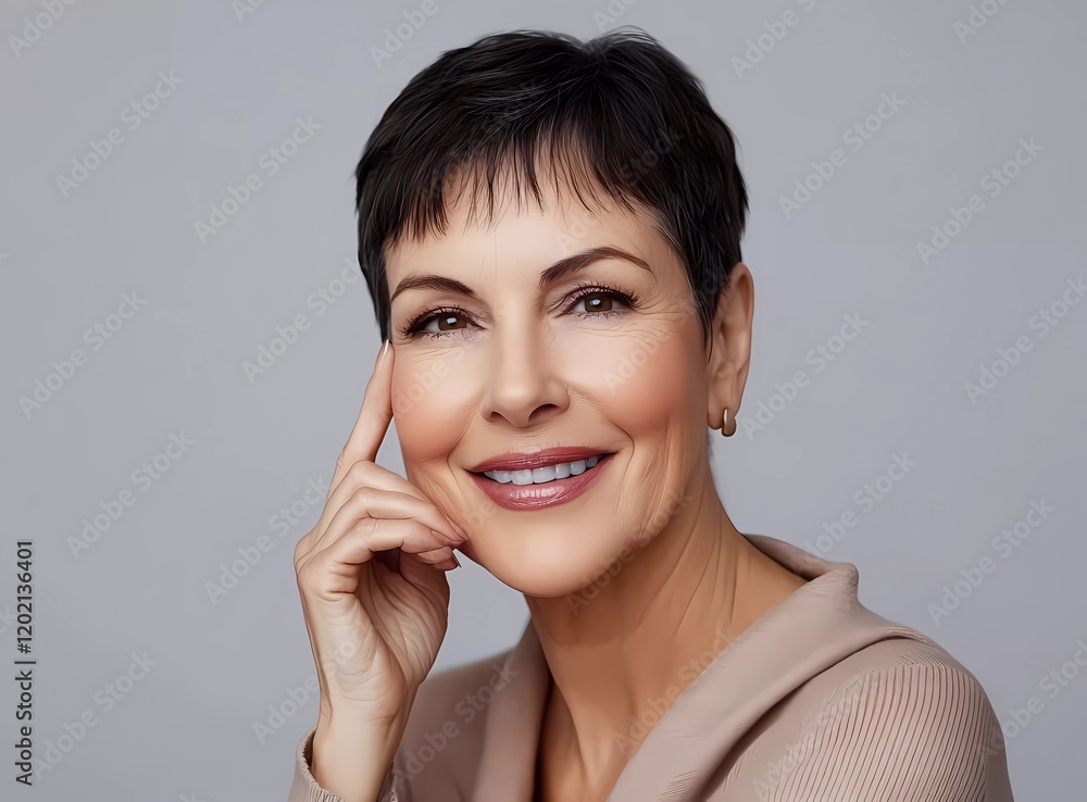Beautiful senior woman touching her face, isolated on a light grey background with copy space. Studio shot of a beautiful middle-aged model smiling Beautiful senior woman touching her face, isolated on a light grey background with copy space. Studio shot of a beautiful middle-aged model smiling