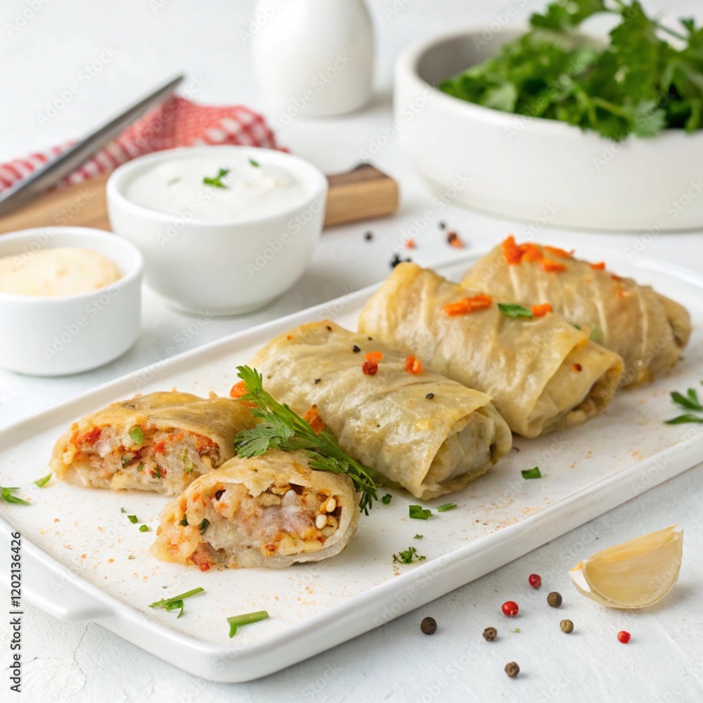 A grilled steak chicken roll with vegetables on a white plate A grilled steak chicken roll with vegetables on a white plate
