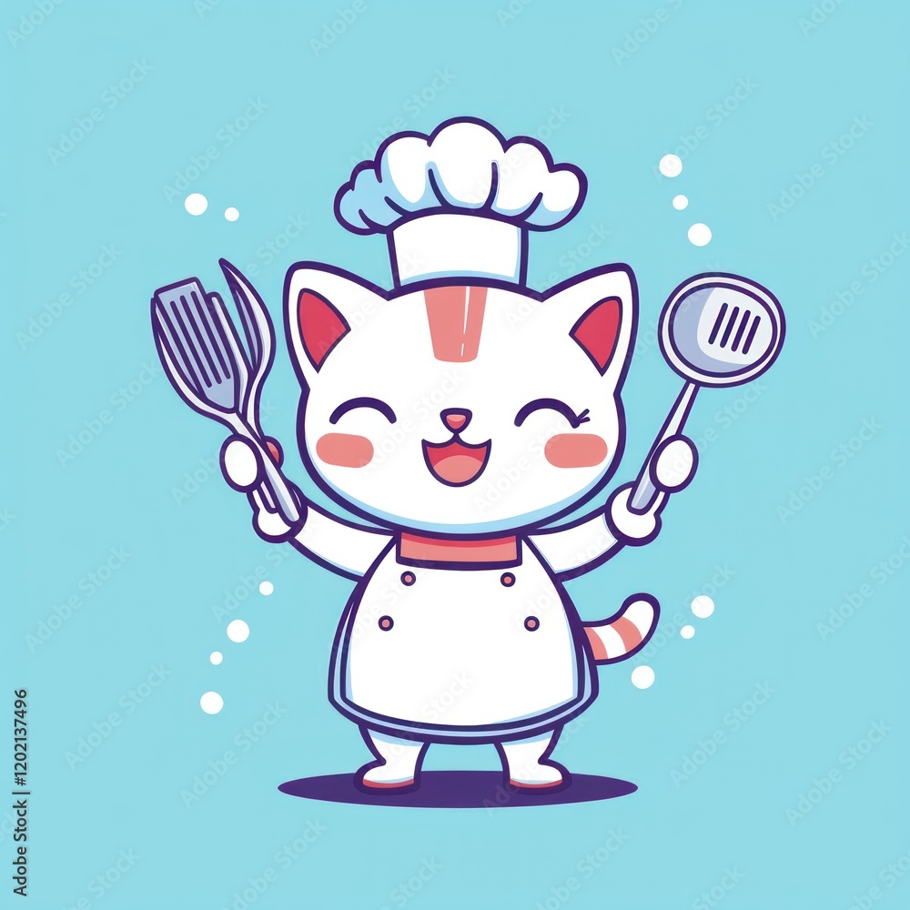 Happy chef cat cooking, kitchen tools, light blue background, cute illustration, food blog Happy chef cat cooking, kitchen tools, light blue background, cute illustration, food blog