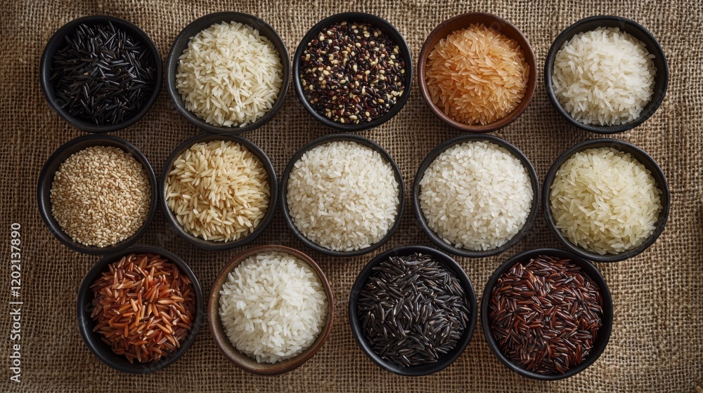 Mixed rice varieties in small bowls on a textured cloth, highlighting diversity and texture of different rice types. Ideal for food variety showcases and ingredient comparisons. Mixed rice varieties in small bowls on a textured cloth, highlighting diversity and texture of different rice types. Ideal for food variety showcases and ingredient comparisons.