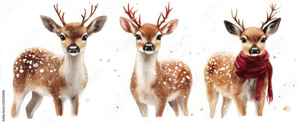 Naklejka premium Three deer in winter, snowy scene, holiday card