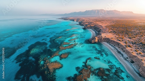 Fototapeta Naklejka Na Ścianę i Meble -  Aerial sunrise over turquoise coral reef, desert coast, distant mountains