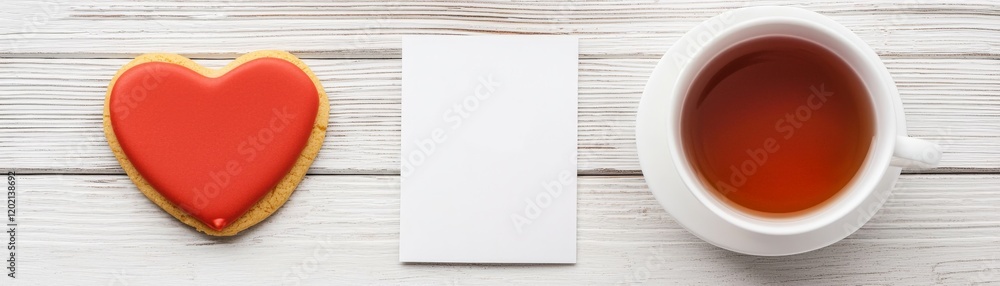 Love Unfolded: A Journey of Romance and Empathy, A heart-shaped cookie, a blank card, and a cup of tea on a rustic wooden surface.