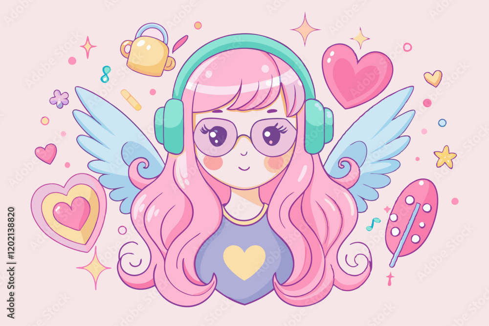 Pink angel with heart-shaped sunglasses and Valentine's Day Y2K aesthetic Pink angel with heart-shaped sunglasses and Valentine's Day Y2K aesthetic