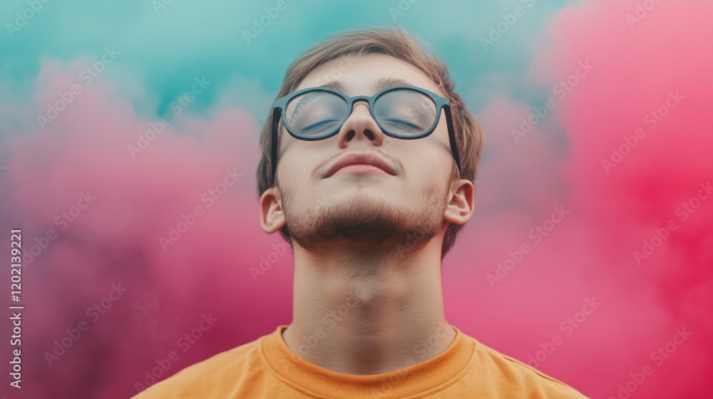Young Man with Glasses and Beard Relaxing Against Colorful Pink and Blue Smoke Background Young Man with Glasses and Beard Relaxing Against Colorful Pink and Blue Smoke Background