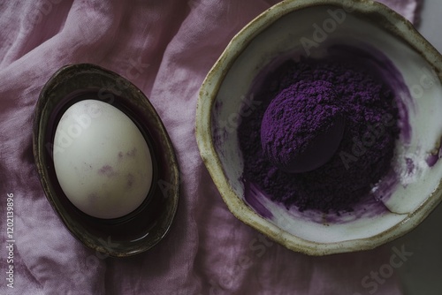 Soft fabrics complement delicate egg beside bowl of vibrant purp photo