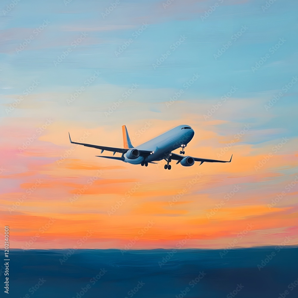 A jetliner gracefully soaring through a serene evening sky with vibrant hues of orange and blue creating a stunning natural display The aircraft appears to be gliding effortlessly A jetliner gracefully soaring through a serene evening sky with vibrant hues of orange and blue creating a stunning natural display The aircraft appears to be gliding effortlessly