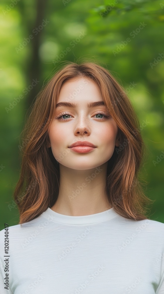 Portrait of Young Woman in Nature, Warm Smile in Green Forest Background Capturing Natural Beauty and Tranquility Portrait of Young Woman in Nature, Warm Smile in Green Forest Background Capturing Natural Beauty and Tranquility