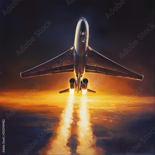 A powerful and aviation scene showcasing a commercial jetliner ascending gracefully against the warm vibrant glow of a breathtaking sunset sky  The aircraft s silhouette cuts a dramatic figure photo