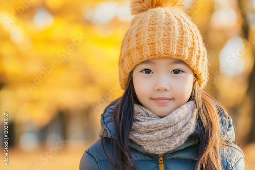 Portrait of smiling girl wearing warm winter clothes. Capturing her cheerful expression amidst an autumn background with yellow leaves and soft sunlight surrounding photo