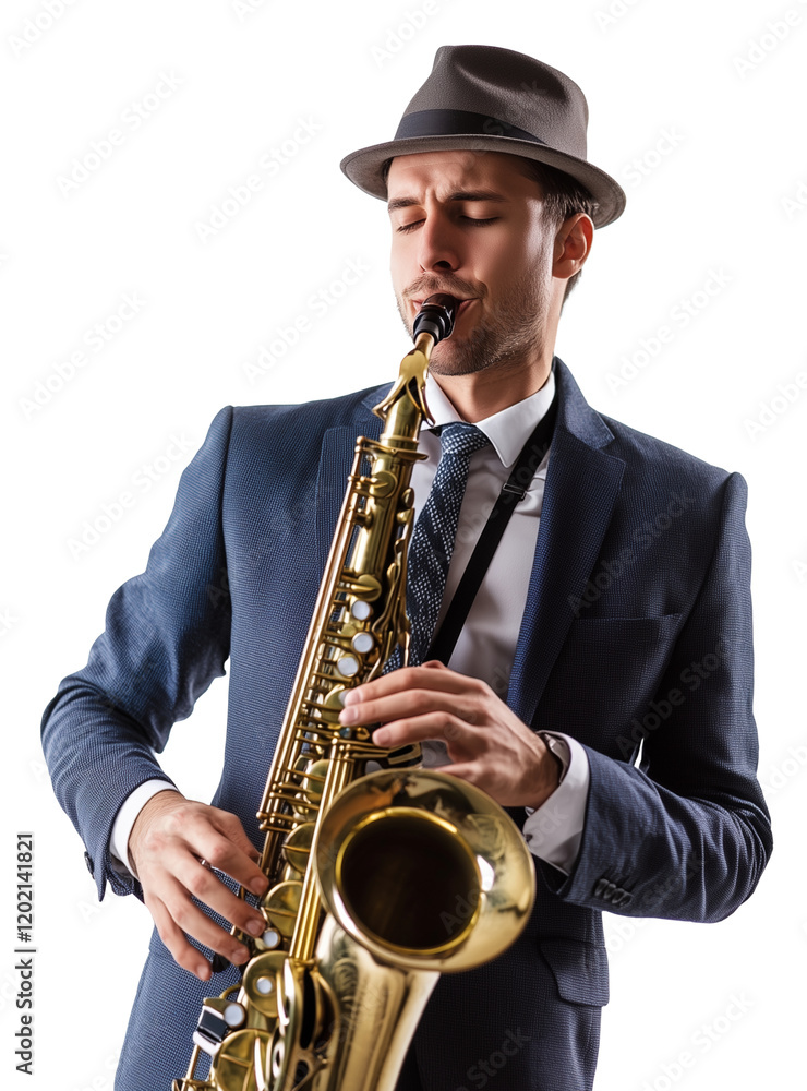 Fototapeta premium Clássico músico de Jazz tocanto saxofone em um fundo tranparente