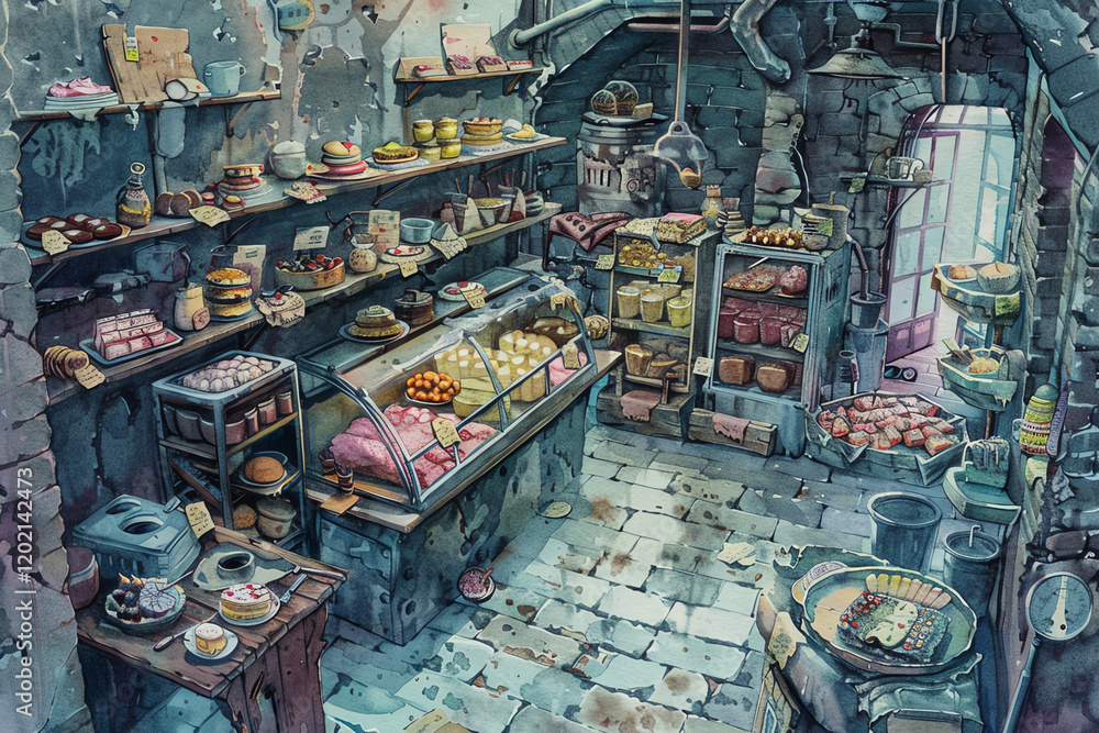 Imagine a post-apocalyptic bakery where desserts are crafted with intricate detail in watercolor, seen from a birds eye view to emphasize chaos and creativity Imagine a post-apocalyptic bakery where desserts are crafted with intricate detail in watercolor, seen from a birds eye view to emphasize chaos and creativity