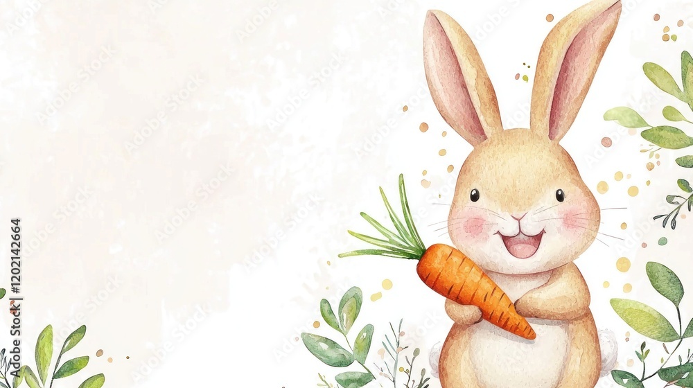 Obraz premium Cute Bunny Holding Carrot Surrounded by Green Leaves and Flowers