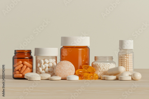 A neat arrangement of vitamin supplements, showcasing different types such as pills, capsules, and gummies, highlighting their colorful and textured appearances.

