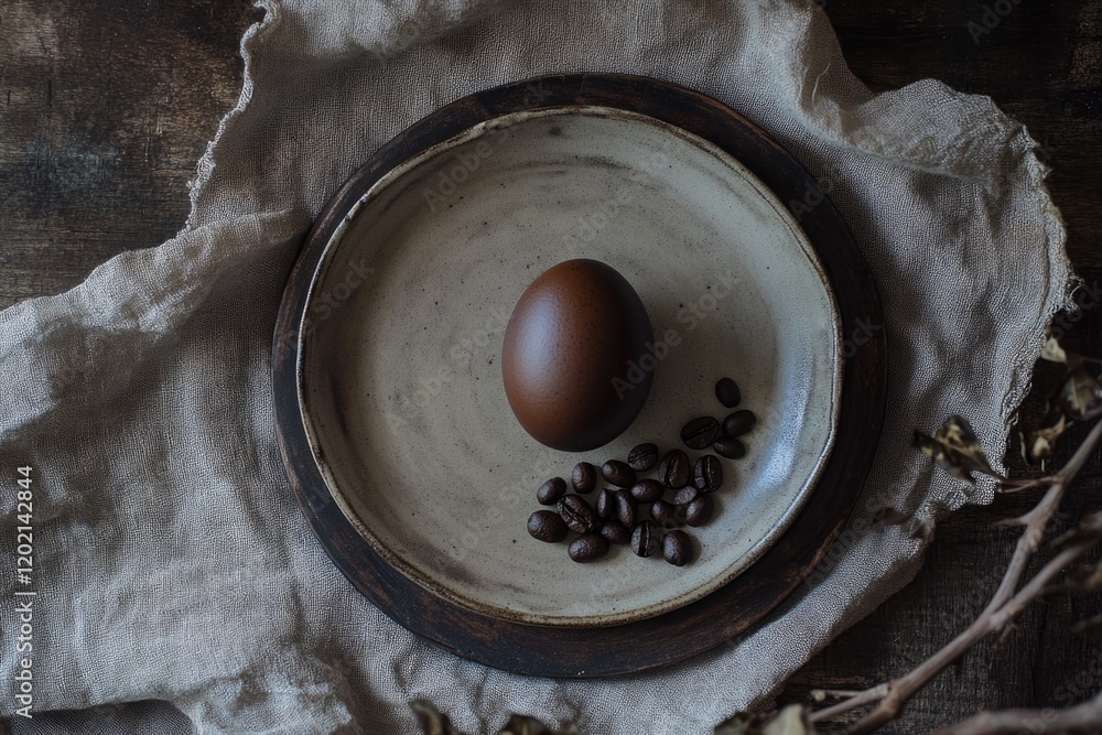 Brown egg rests on textured plate surrounded by coffee beans, ev Brown egg rests on textured plate surrounded by coffee beans, ev