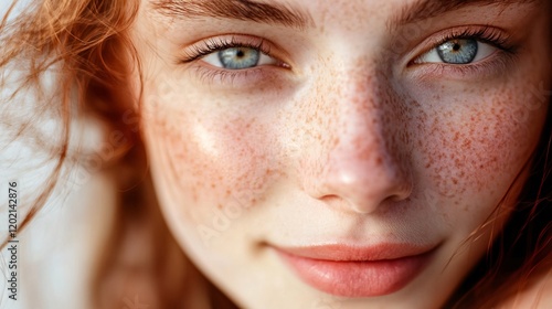 Portrait of redhead caucasian woman showing ephelides and smiling photo